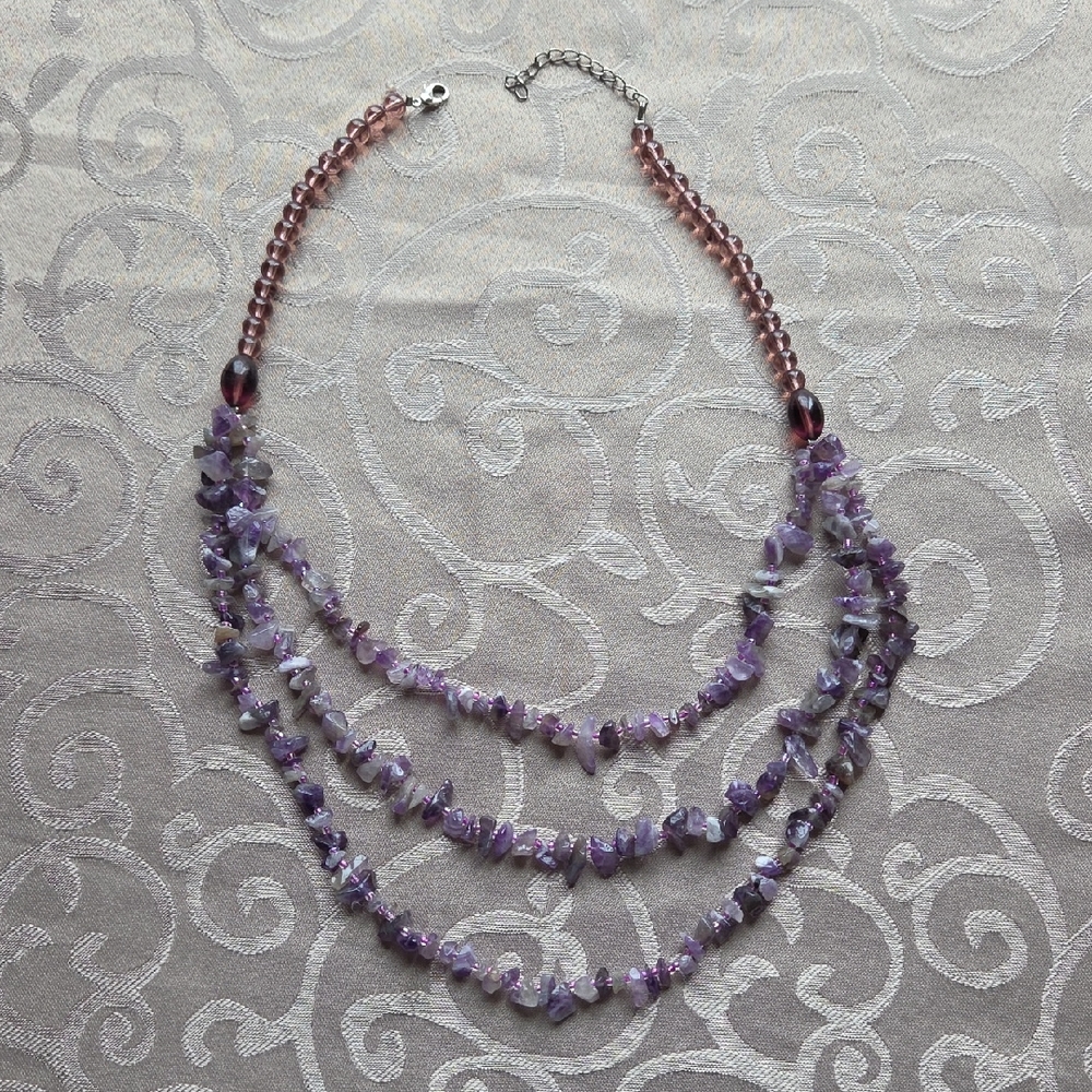 Purple Lavender Chunky Bead 3 Strand Amethyst Necklace 18 To 21 Inches In Length